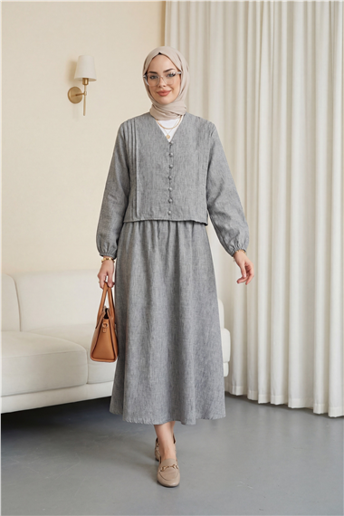 V Yaka Önü Düğmeli Plise Detaylı Keten Takım -Gri