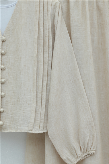 V Yaka Önü Düğmeli Plise Detaylı Keten Takım -Taş