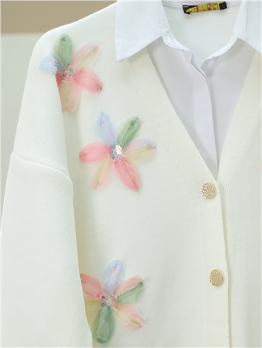 V Yaka Organze Tül Çiçek Nakışlı Triko Hırka -Pudra