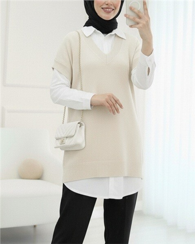 V Yaka Oversize Triko Süveter -Ekru