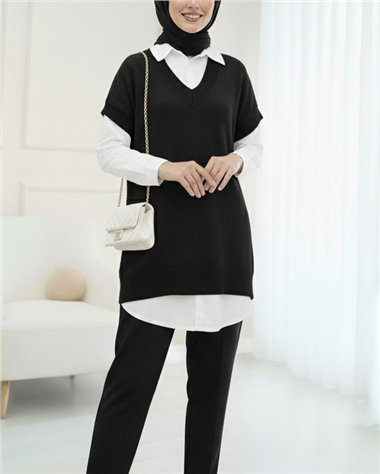 V Yaka Oversize Triko Süveter -Siyah