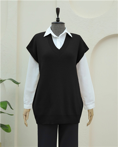 V Yaka Oversize Triko Süveter -Siyah