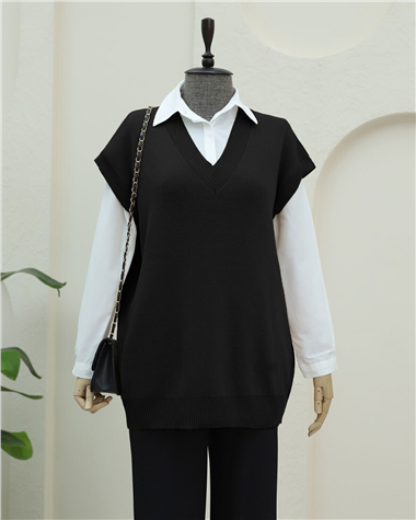V Yaka Oversize Triko Süveter -Siyah