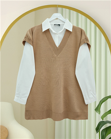 V Yaka Oversize Triko Süveter -Vizon