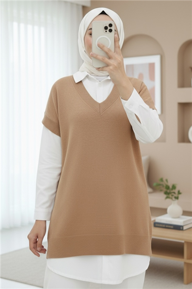 V Yaka Oversize Triko Süveter -Vizon