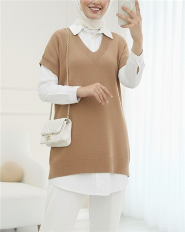 V Yaka Oversize Triko Süveter -Vizon