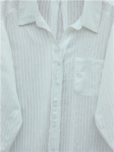 V Yaka Tek Cepli Tensel Yarı Transparan Çizgili Gömlek -Beyaz