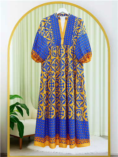 V Yaka Yarasa Kol Parçalı Viskon Elbise -Turuncu