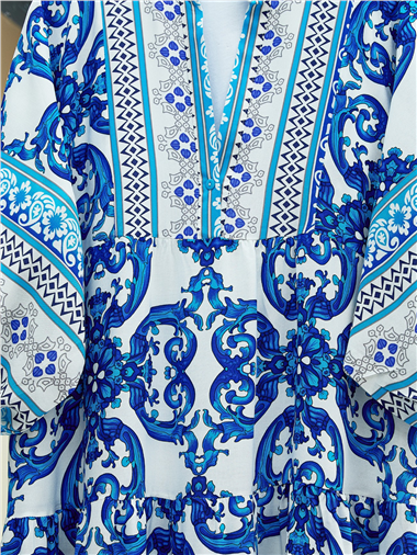 V Yaka Yarasa Kol Parçalı Viskon Elbise -Koyu Mavi