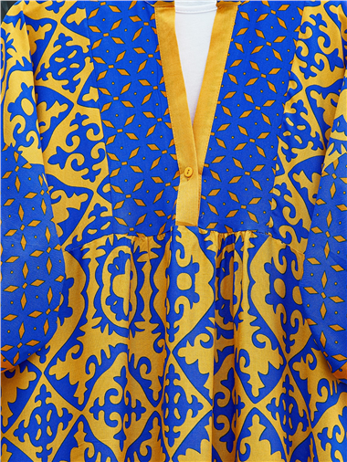 V Yaka Yarasa Kol Parçalı Viskon Elbise -Turuncu