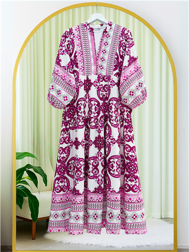 V Yaka Yarasa Kol Parçalı Viskon Elbise -Fuşya