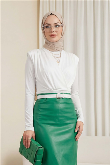Vatkalı Kruvaze Model Sandy Bluz -Beyaz