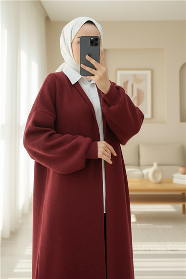 Yakalı Uzun Salaş Yumoş Hırka -Bordo
