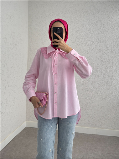 Yakalık Detaylı Arkası Uzun Düğmeli Gömlek -Pembe