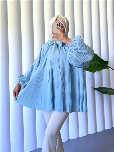 Yakası Bağcıklı Kolları ve Eteği Pliseli Tunik -Bebe Mavi