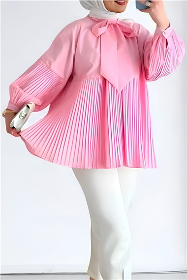 Yakası Bağcıklı Kolları ve Eteği Pliseli Tunik -Pembe