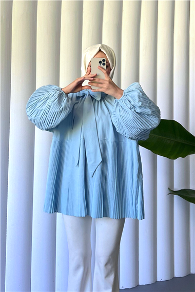Yakası Bağcıklı Kolları ve Eteği Pliseli Tunik -Bebe Mavi
