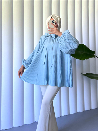 Yakası Bağcıklı Kolları ve Eteği Pliseli Tunik -Bebe Mavi