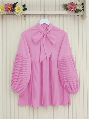 Yakası Bağcıklı Kolları ve Eteği Pliseli Tunik -Pembe