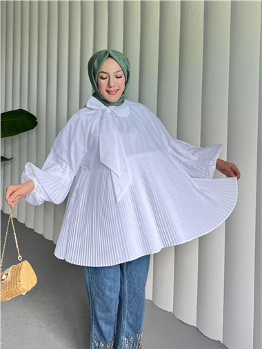 Yakası Bağcıklı Kolları ve Eteği Pliseli Tunik -Beyaz