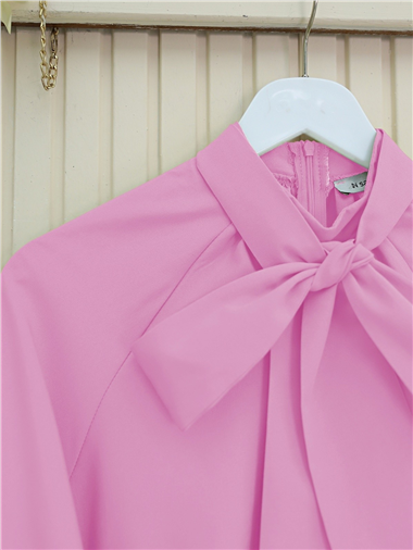 Yakası Bağcıklı Kolları ve Eteği Pliseli Tunik -Pembe