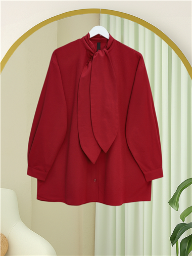 Yakası Bağlamalı Düğmeli Oversize Gömlek -Bordo