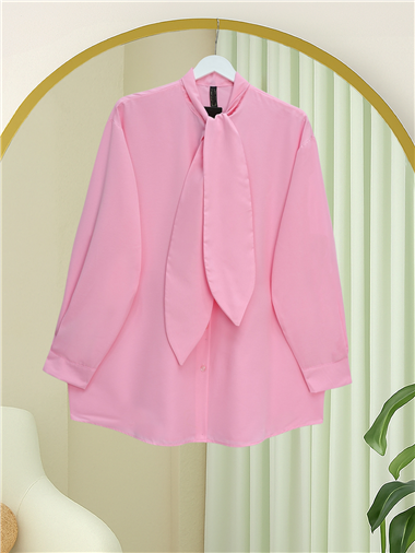 Yakası Bağlamalı Düğmeli Oversize Gömlek -Pembe