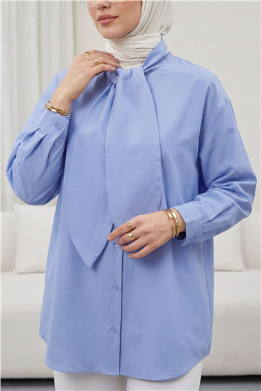 Yakası Bağlamalı Düğmeli Oversize Gömlek -Bebe Mavi