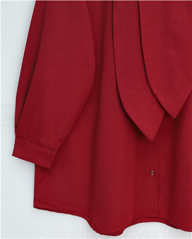 Yakası Bağlamalı Düğmeli Oversize Gömlek -Bordo