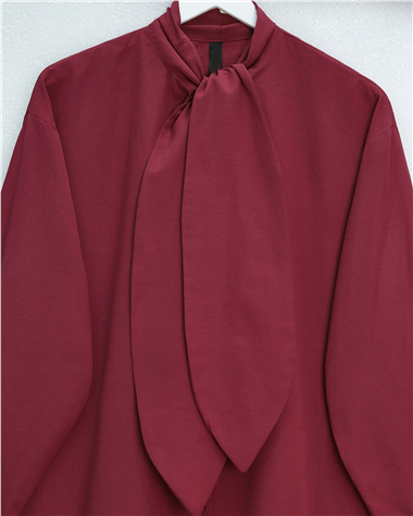 Yakası Bağlamalı Düğmeli Oversize Gömlek -Bordo