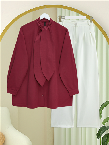 Yakası Bağlamalı Düğmeli Oversize Gömlek -Bordo