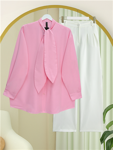Yakası Bağlamalı Düğmeli Oversize Gömlek -Pembe