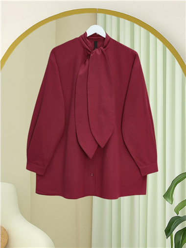 Yakası Bağlamalı Düğmeli Oversize Gömlek -Bordo