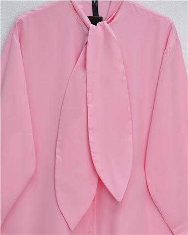 Yakası Bağlamalı Düğmeli Oversize Gömlek -Pembe