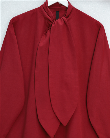 Yakası Bağlamalı Düğmeli Oversize Gömlek -Bordo