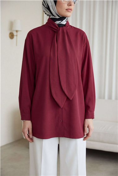 Yakası Bağlamalı Düğmeli Oversize Gömlek -Bordo