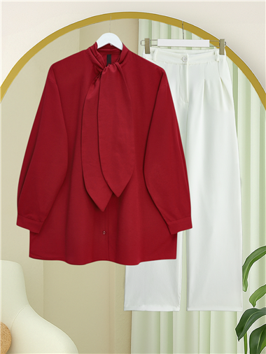 Yakası Bağlamalı Düğmeli Oversize Gömlek -Bordo