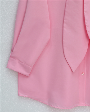 Yakası Bağlamalı Düğmeli Oversize Gömlek -Pembe