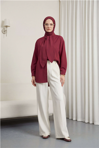 Yakası Bağlamalı Düğmeli Oversize Gömlek -Bordo