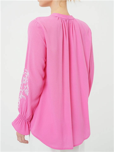 Yakası Bağlamalı Kolu Nakışlı Lastikli Gömlek -Pembe