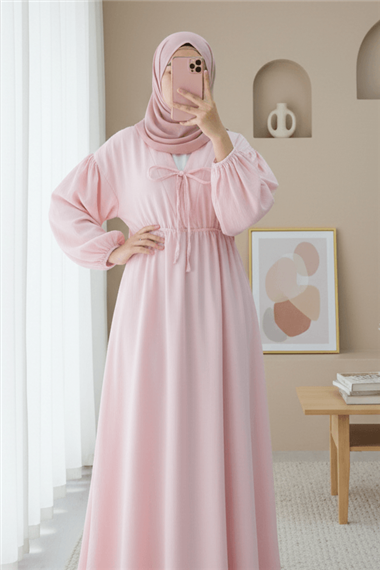 Yakası Bağlamalı Kolu Ve Beli Lastikli Müslin Elbise -Pudra