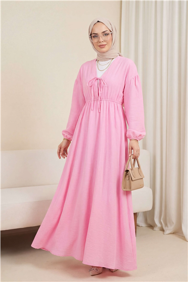 Yakası Bağlamalı Kolu Ve Beli Lastikli Müslin Elbise -Pembe