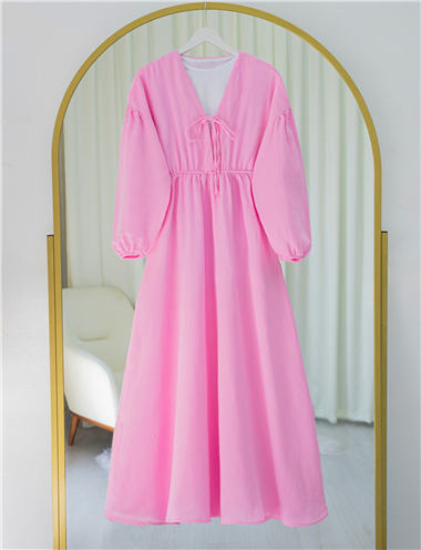 Yakası Bağlamalı Kolu Ve Beli Lastikli Müslin Elbise -Pembe