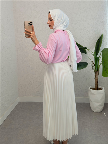 Yakası Büzgülü Bluz     -Pembe