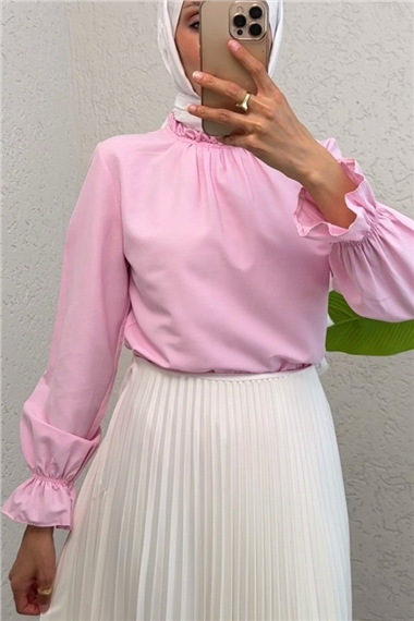 Yakası Büzgülü Bluz     -Pembe