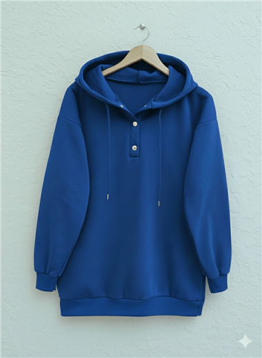 Yakası Çıtçıtlı Kapşonlu Şardonlu Üç İplik Sweat  -Saks