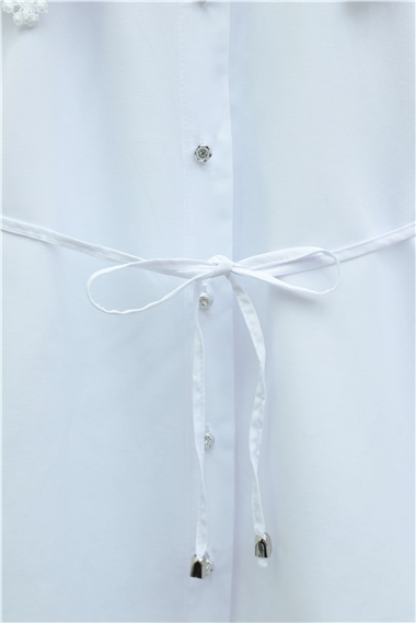 Yakası Dantelli Beli Ve Kolu Bağcıklı Poplin Tunik  -Beyaz