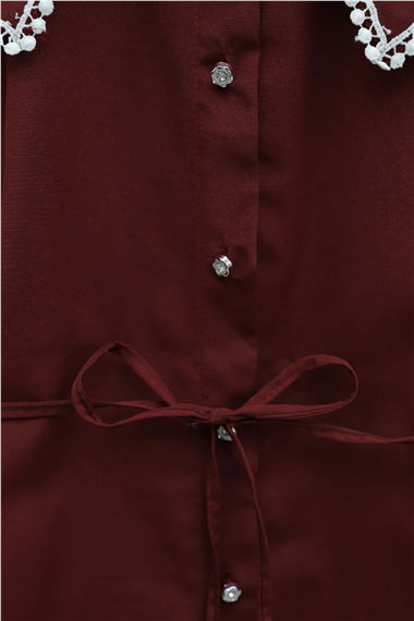 Yakası Dantelli Beli Ve Kolu Bağcıklı Poplin Tunik  -Bordo