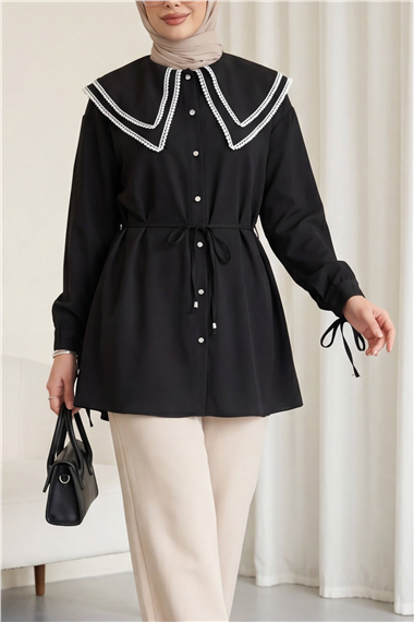 Womens Neckline Lace Waist and Sleeve Drawstring Poplin Tunic - Black