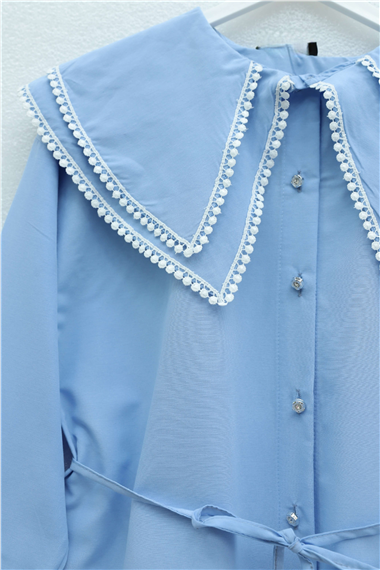 Yakası Dantelli Beli Ve Kolu Bağcıklı Poplin Tunik  -Açık Mavi